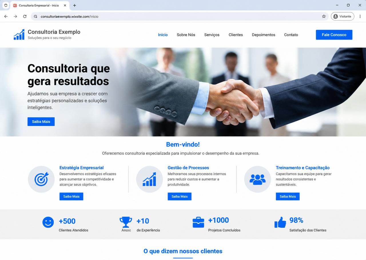 Site institucional genérico com template Wix, hero de aperto de mãos e tipografia amadora
